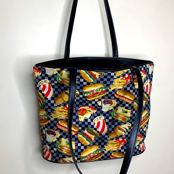 Fast Food Diner Tote | Large Canvas Food Design Bag | Leather Detail Food Lover - Picture 6 of 7